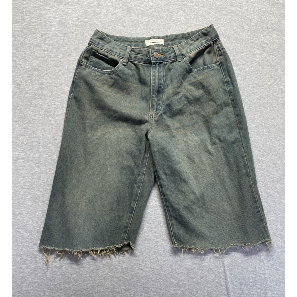 Bamboo Bermuda Shorts Unisex 11/30 Blue Vintage Wash Denim Cotton Frayed Hem